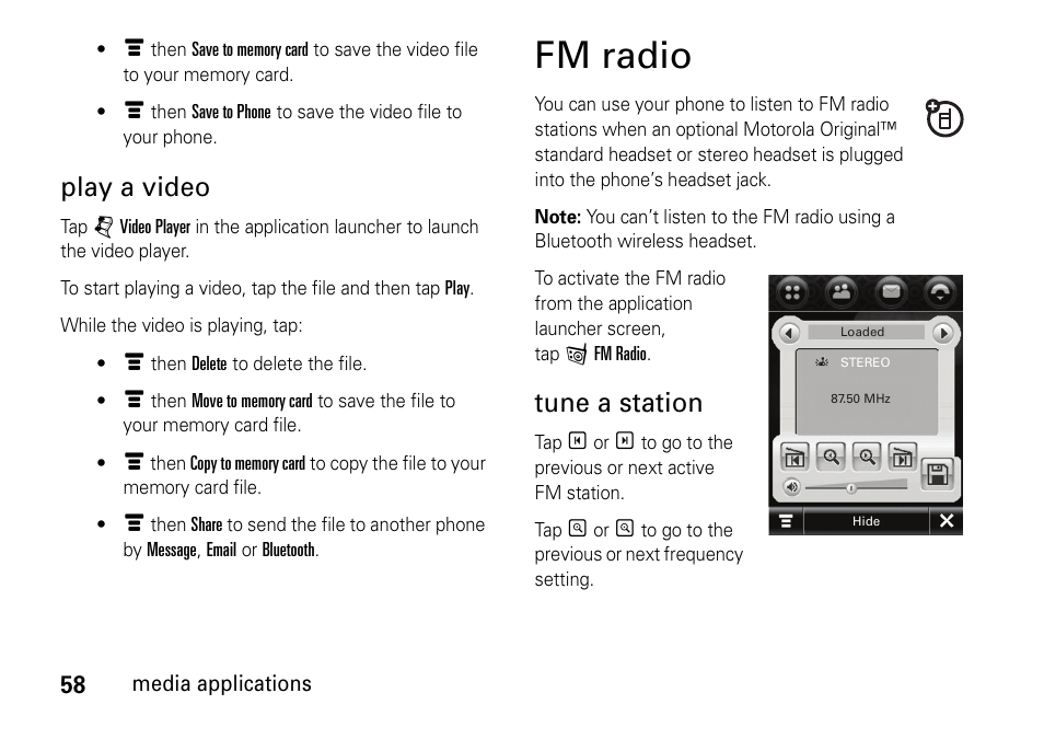 Fm radio, Play a video, Tune a station | Motorola 6802937J48 User Manual | Page 60 / 88