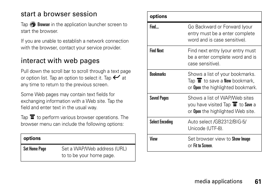 Start a browser session, Interact with web pages | Motorola 6802937J48 User Manual | Page 63 / 88