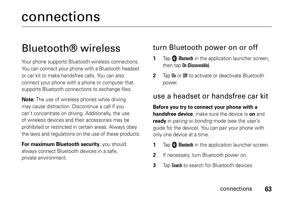 Connections, Bluetooth® w, Bluetooth® wireless | Turn bluetooth power on or off, Use a headset or handsfree car kit | Motorola 6802937J48 User Manual | Page 65 / 88