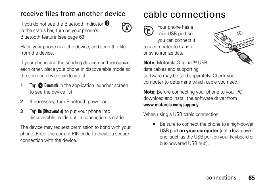 Cable connections, Receive files from another device | Motorola 6802937J48 User Manual | Page 67 / 88