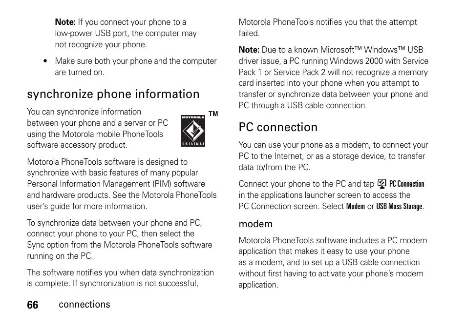 Synchronize phone information, Pc connection | Motorola 6802937J48 User Manual | Page 68 / 88