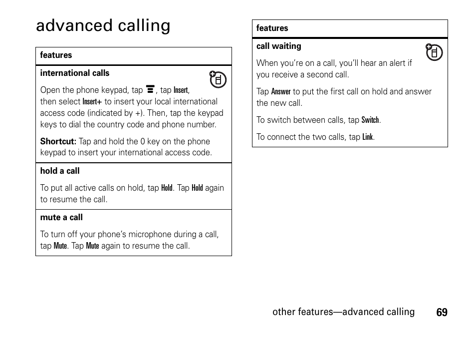 Advanced calling | Motorola 6802937J48 User Manual | Page 71 / 88