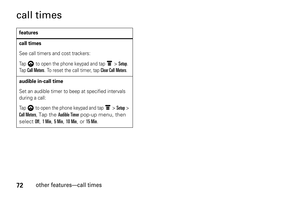 Call times | Motorola 6802937J48 User Manual | Page 74 / 88