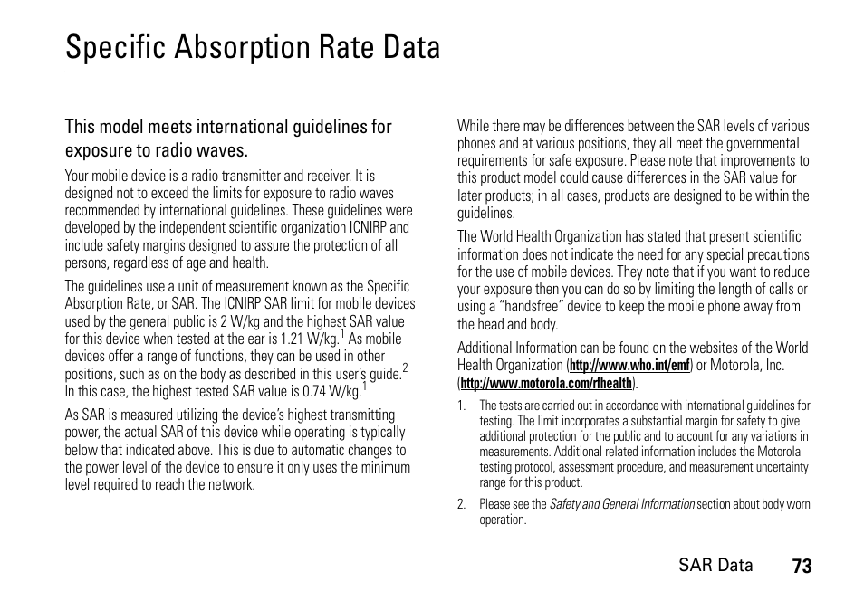 Sar data, Specific absorption rate data | Motorola 6802937J48 User Manual | Page 75 / 88