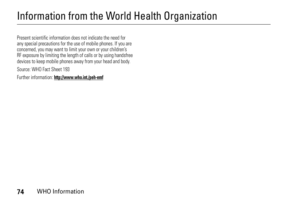 Who information, Information from the world health organization | Motorola 6802937J48 User Manual | Page 76 / 88