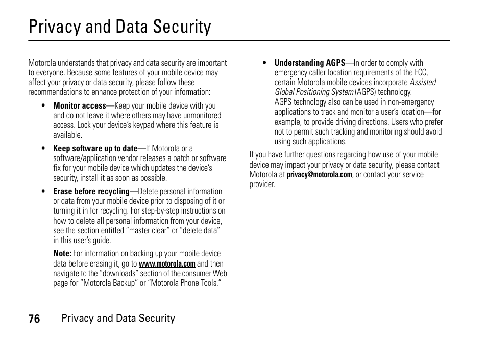 Privacy and data security | Motorola 6802937J48 User Manual | Page 78 / 88