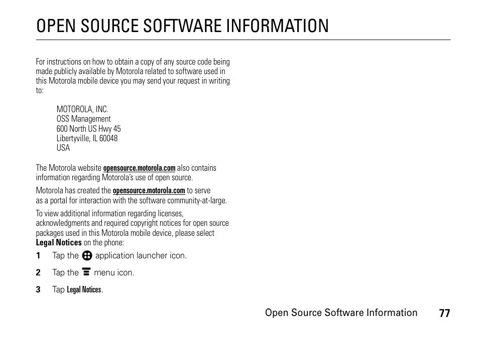 Open source software, Information, Open source software information | Motorola 6802937J48 User Manual | Page 79 / 88