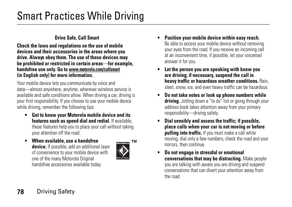 Driving safety, Smart practices while driving | Motorola 6802937J48 User Manual | Page 80 / 88