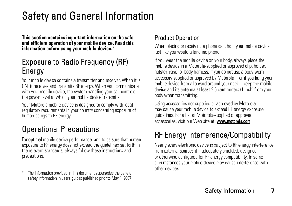 Safety information, Safety and general information, Exposure to radio frequency (rf) energy | Operational precautions, Rf energy interference/compatibility | Motorola 6802937J48 User Manual | Page 9 / 88