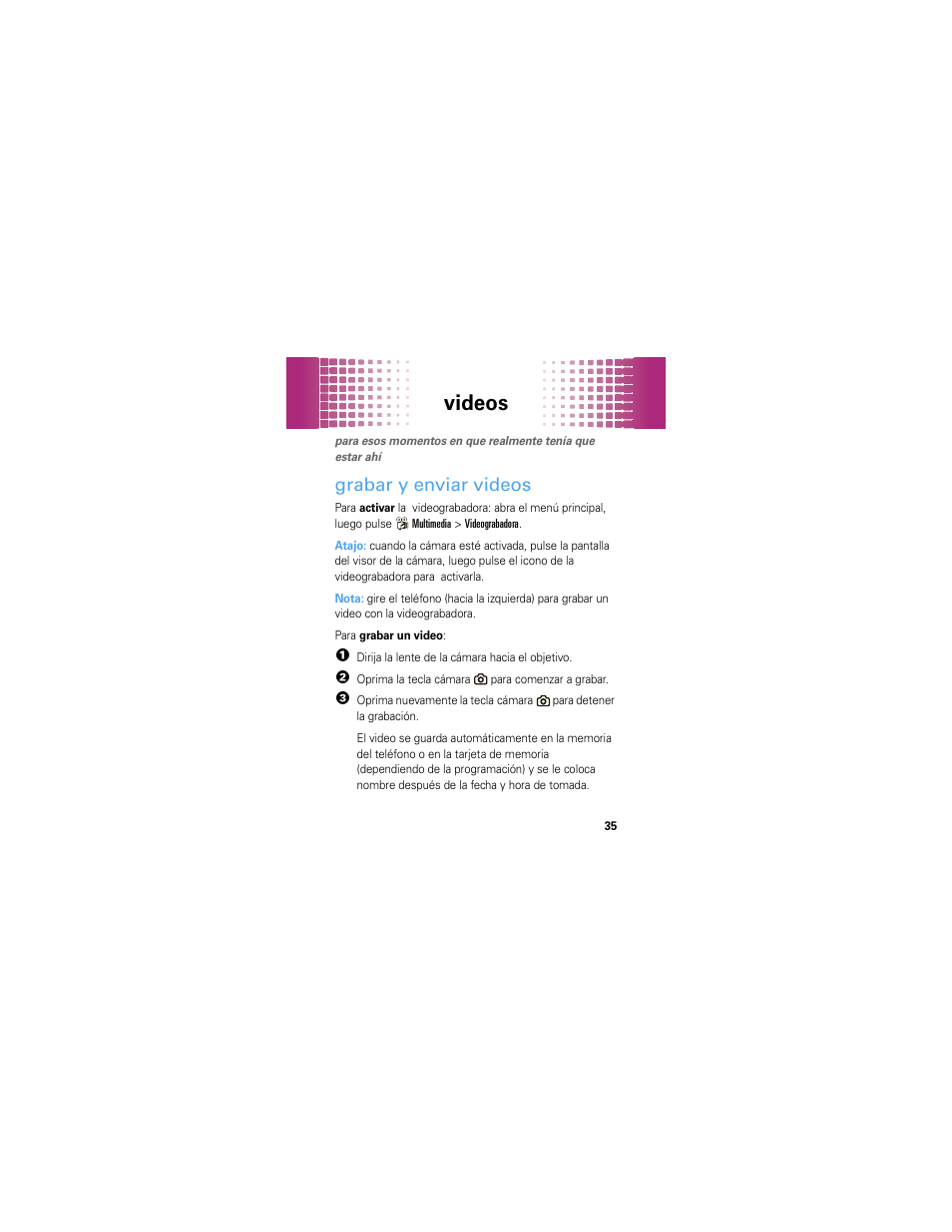 Videos, Grabar y enviar videos | Motorola Crush User Manual | Page 115 / 164