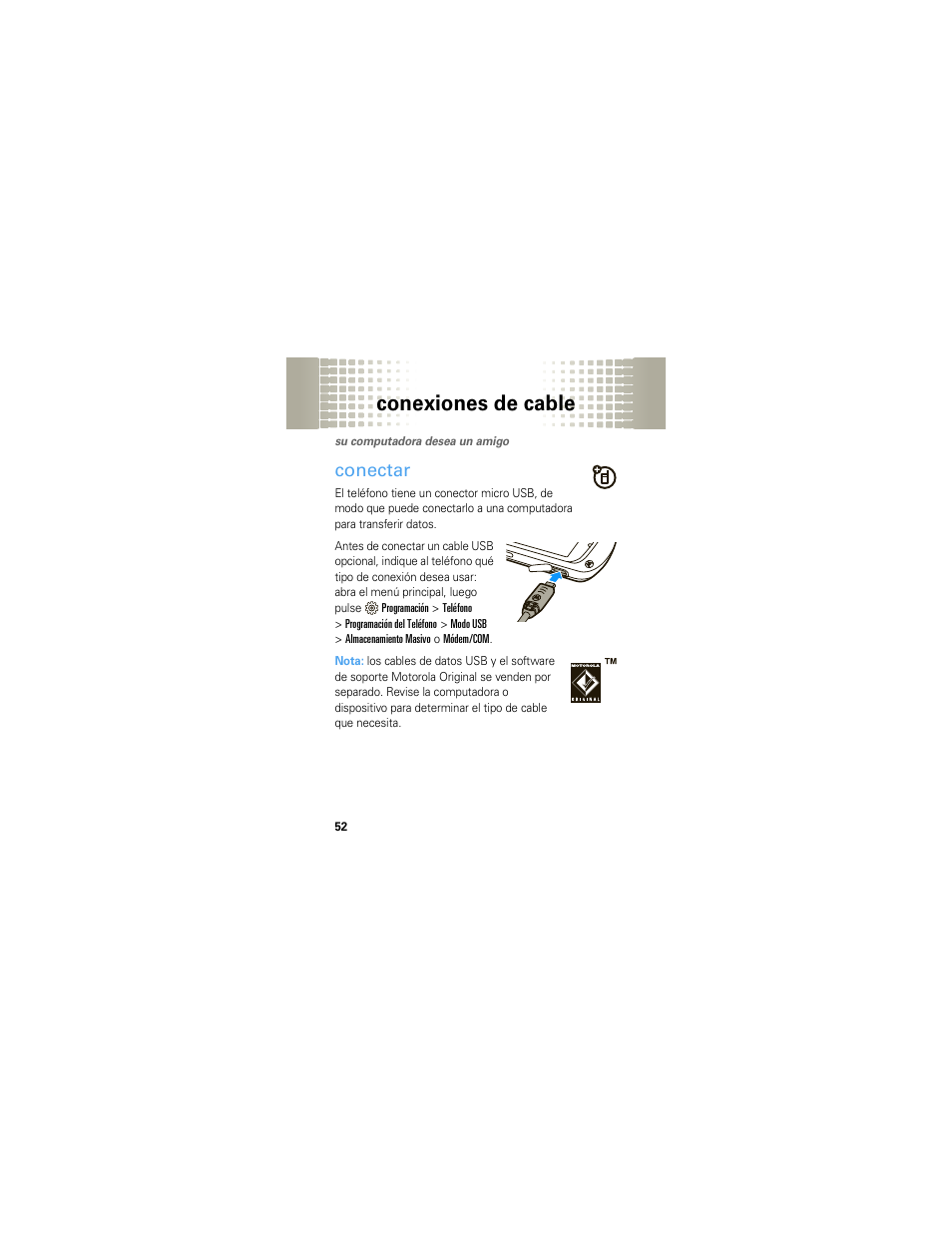 Conexiones de cable, Conectar | Motorola Crush User Manual | Page 132 / 164