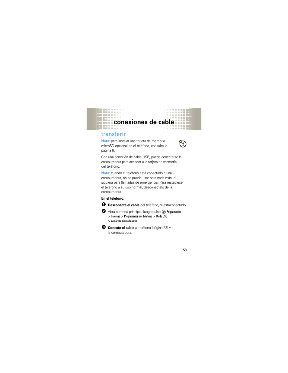 Transferir, Conexiones de cable | Motorola Crush User Manual | Page 133 / 164
