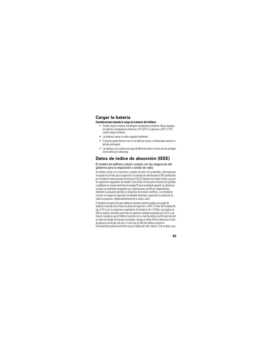 Datos sar, Cargar la batería, Datos de índice de absorción (ieee) | Motorola Crush User Manual | Page 143 / 164