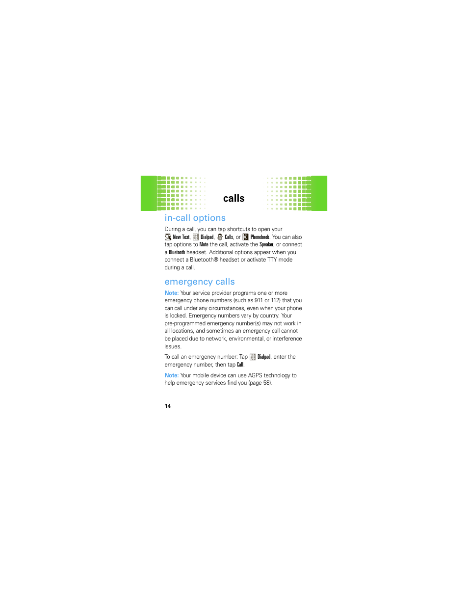 In-call options, Emergency calls, Calls | Motorola Crush User Manual | Page 16 / 164
