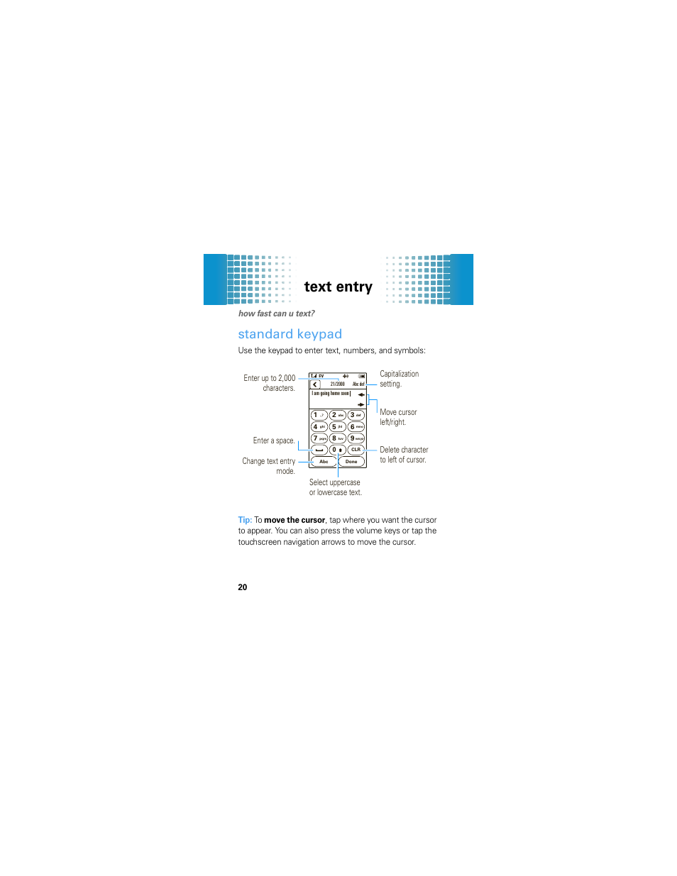 Text entry, Standard keypad | Motorola Crush User Manual | Page 22 / 164