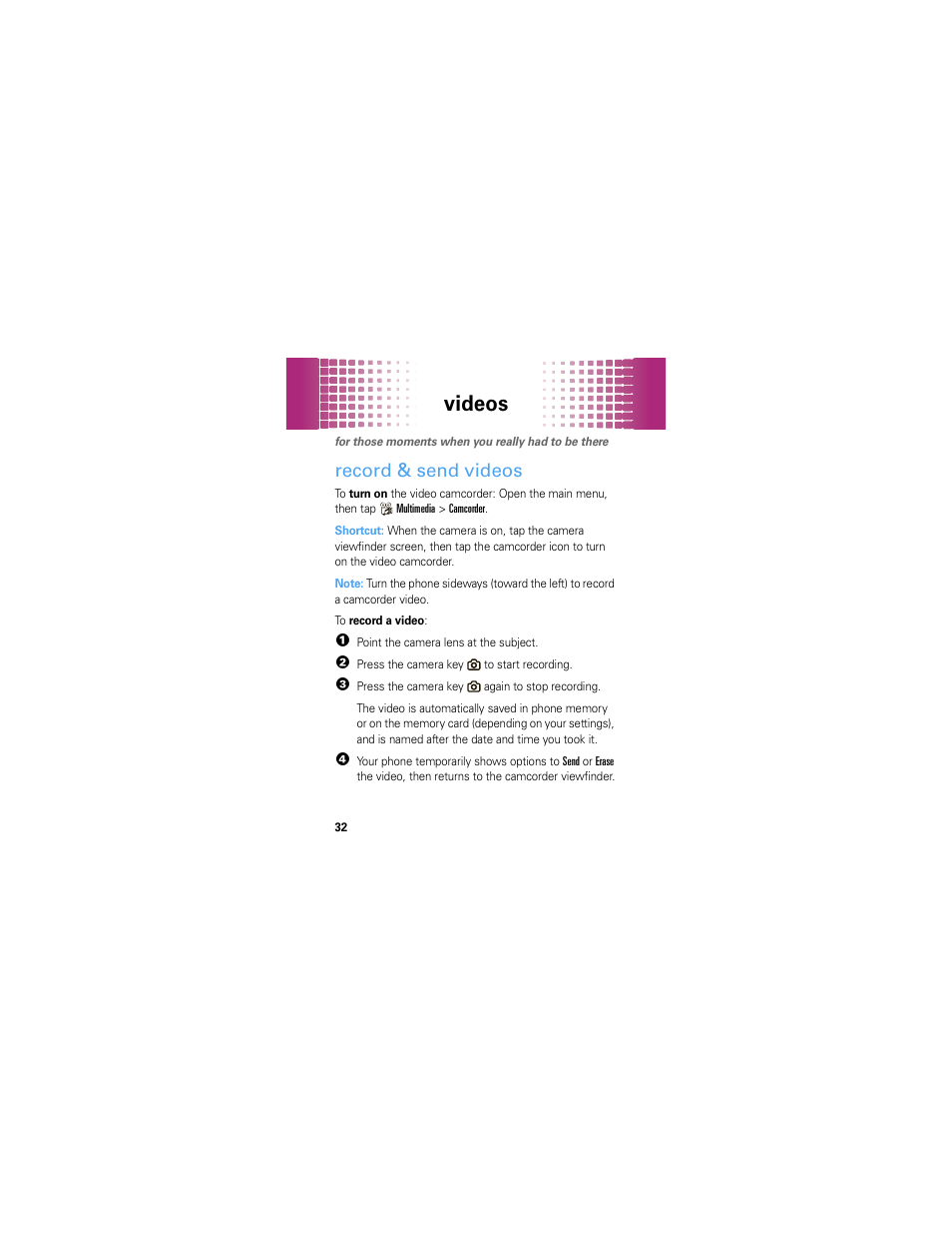 Videos, Record & send videos | Motorola Crush User Manual | Page 34 / 164