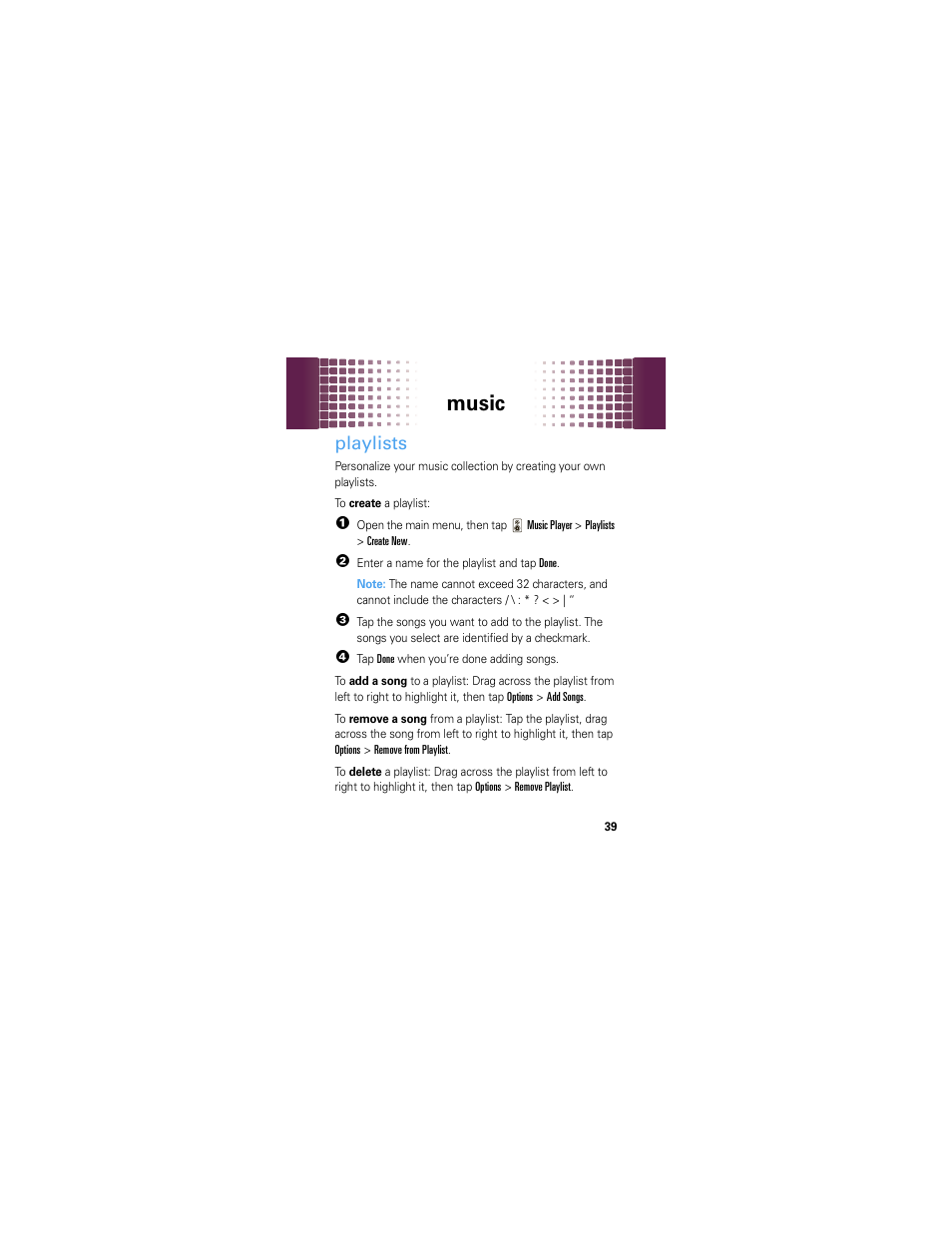 Playlists, Music | Motorola Crush User Manual | Page 41 / 164