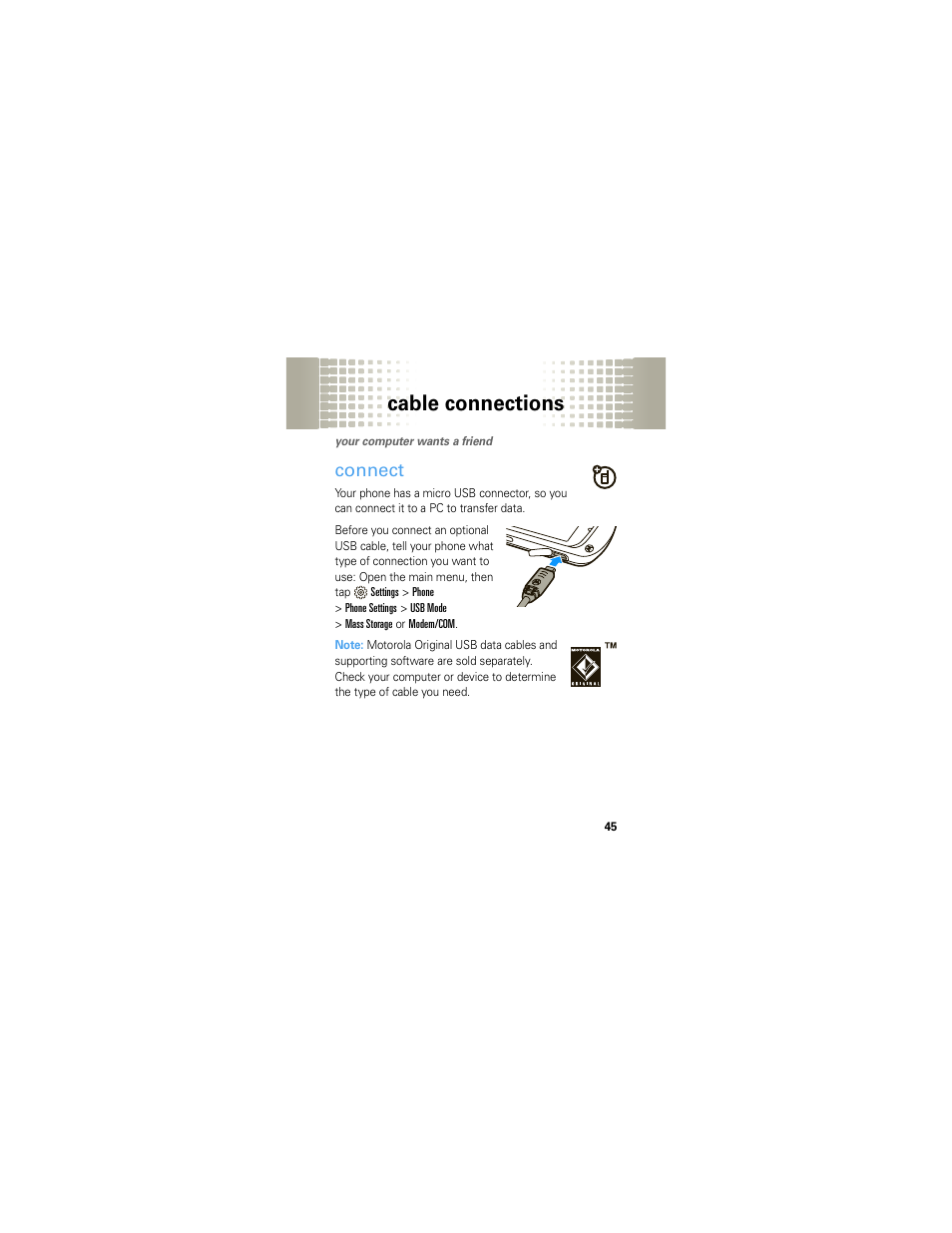 Cable connections, Connect | Motorola Crush User Manual | Page 47 / 164