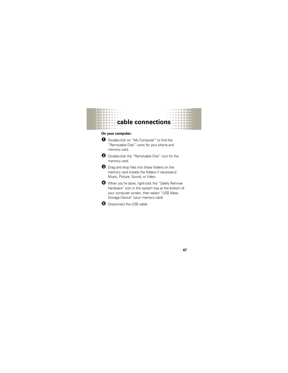 Cable connections | Motorola Crush User Manual | Page 49 / 164