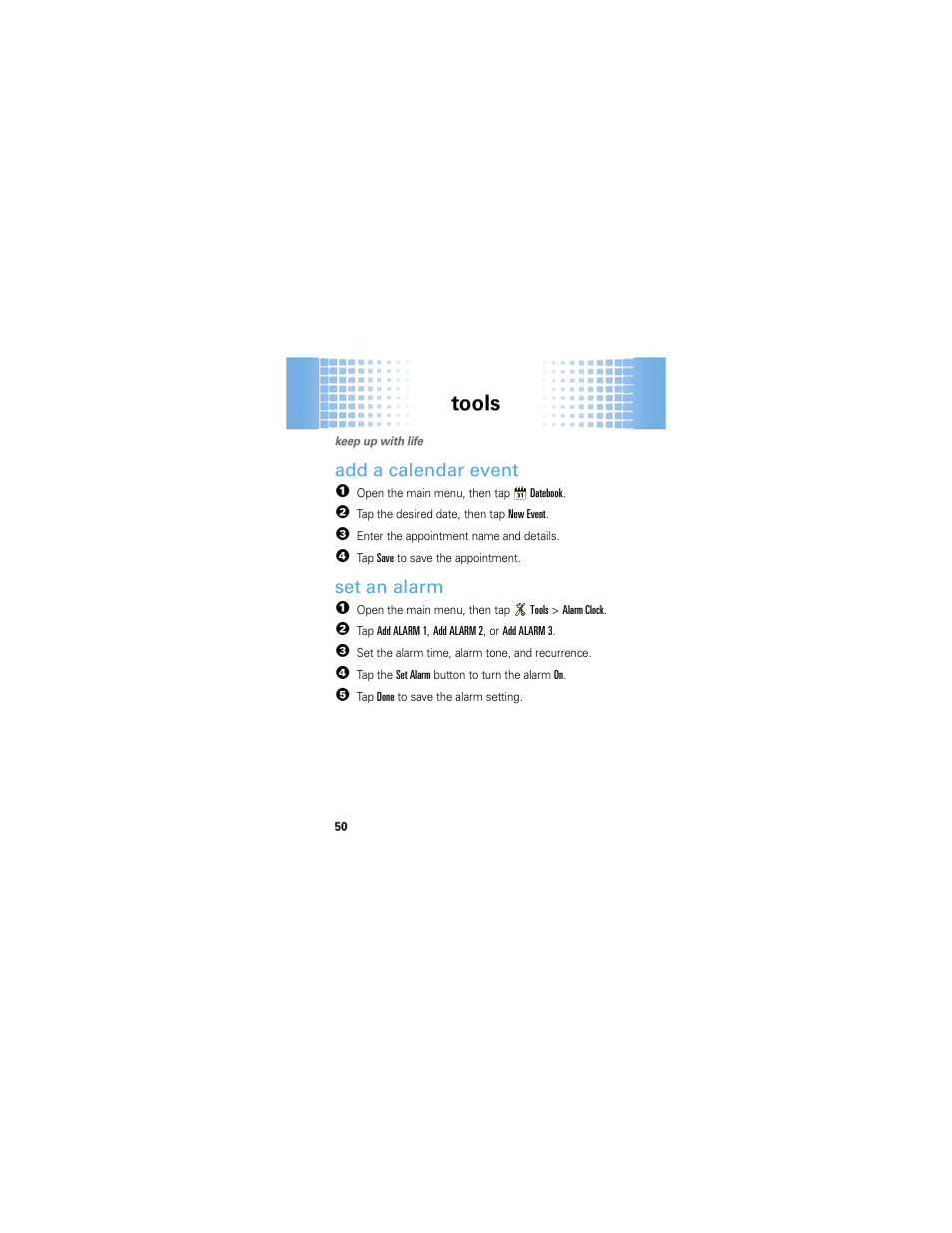 Tools, Add a calendar event, Set an alarm | Motorola Crush User Manual | Page 52 / 164