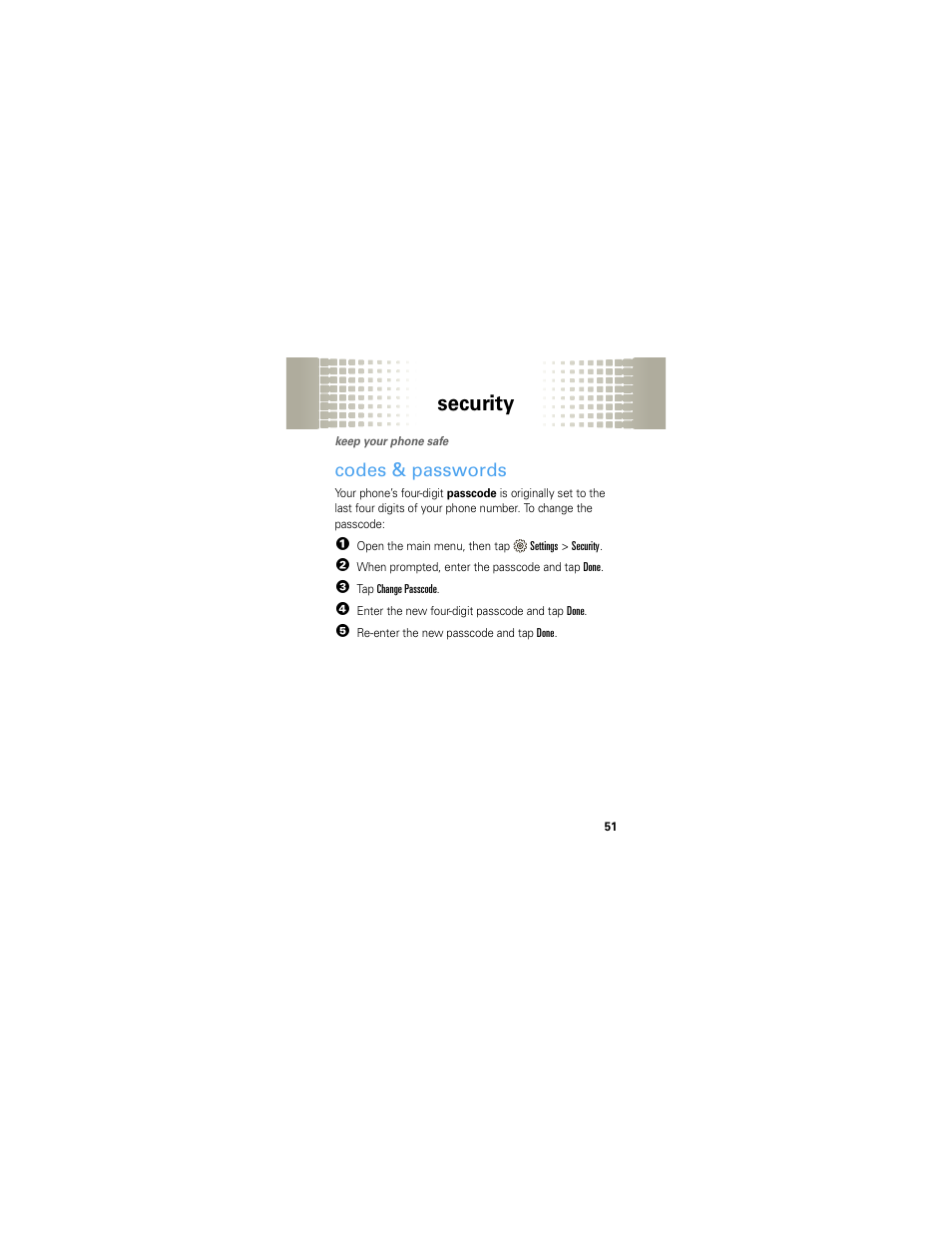 Security, Codes & passwords | Motorola Crush User Manual | Page 53 / 164