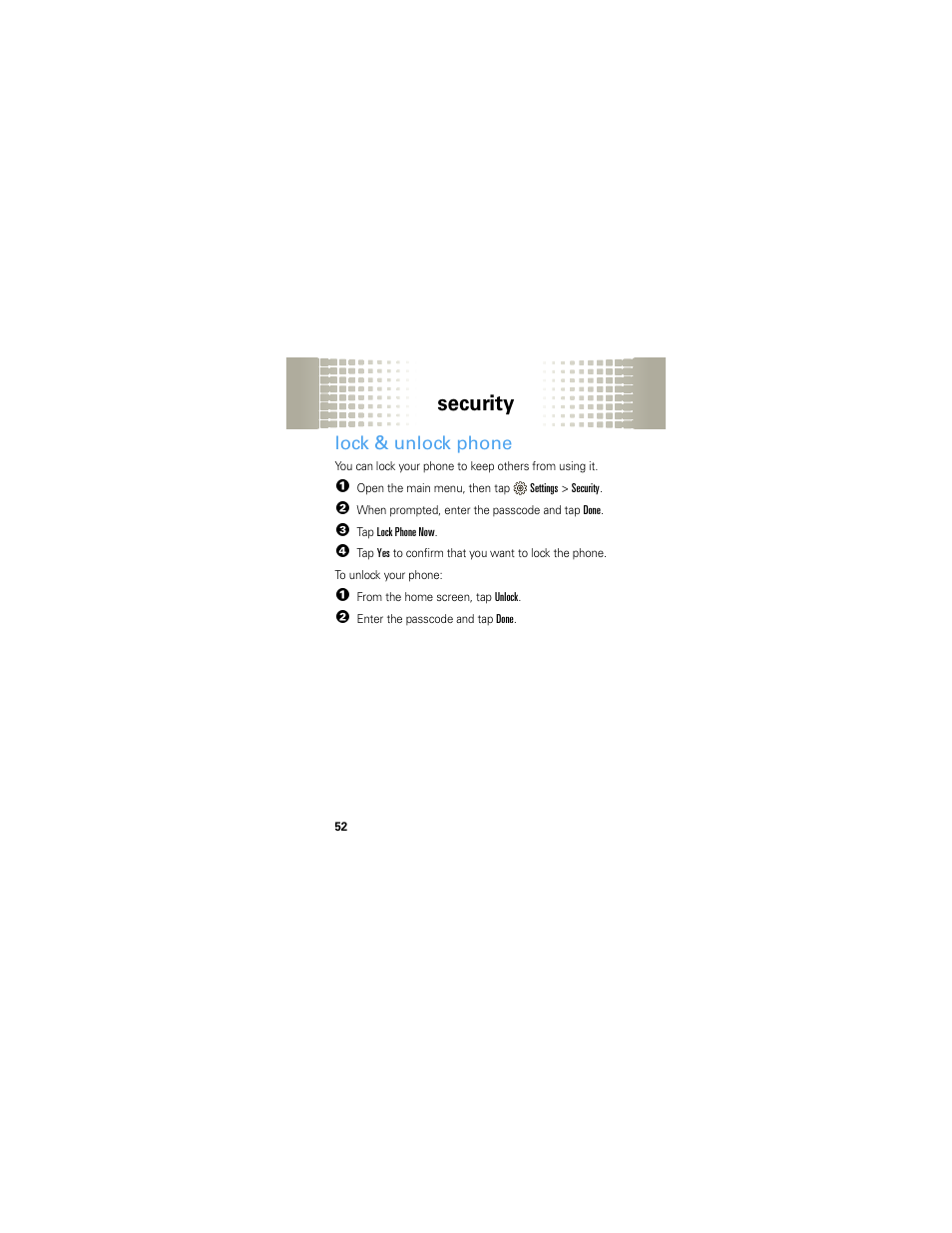 Lock & unlock phone, Security | Motorola Crush User Manual | Page 54 / 164