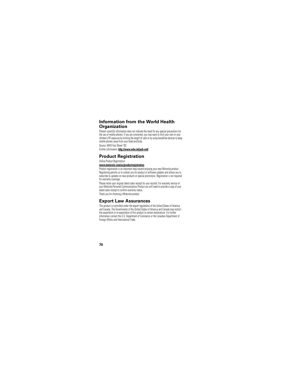 Who information, Registration, Export law | Information from the world health organization, Product registration, Export law assurances | Motorola Crush User Manual | Page 72 / 164