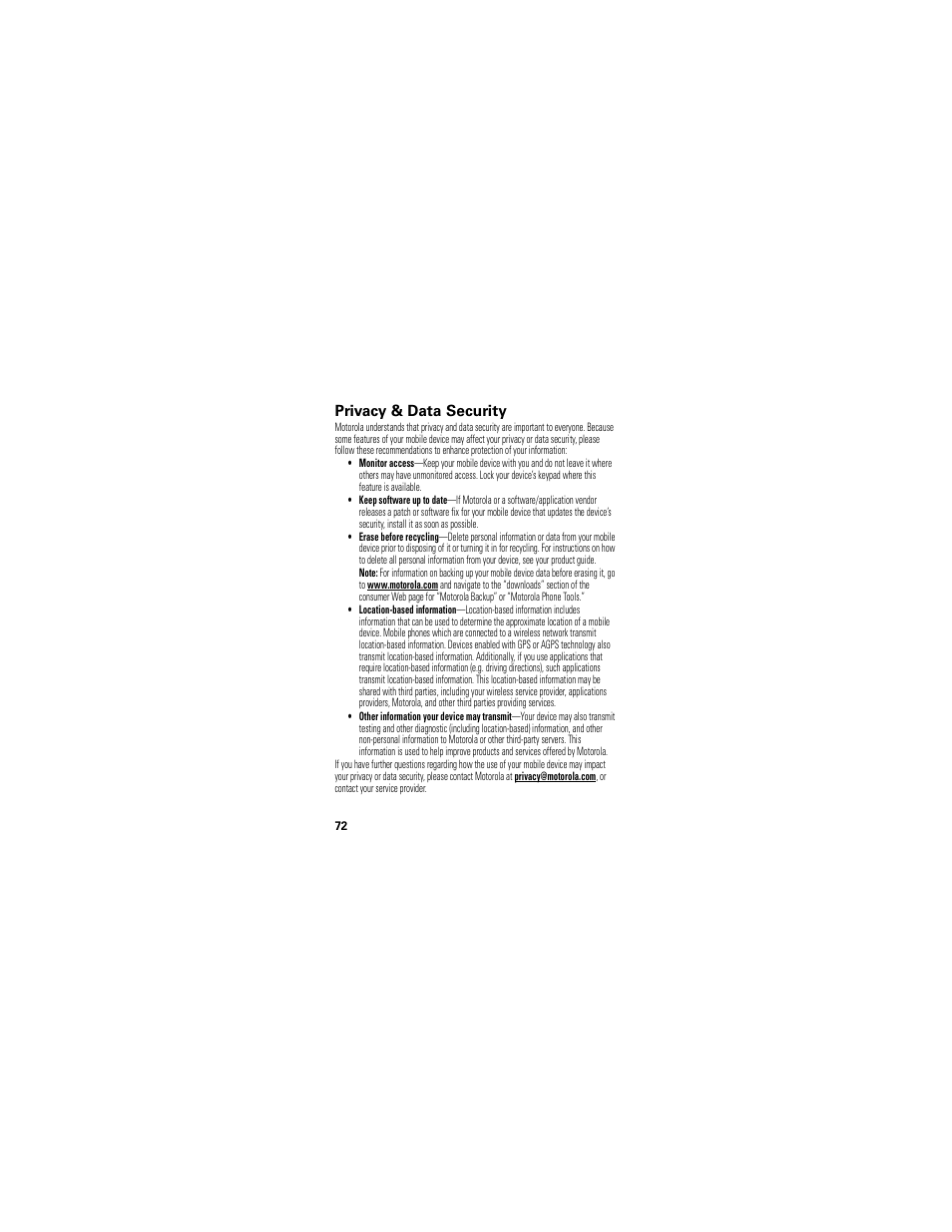 Privacy & data security | Motorola Crush User Manual | Page 74 / 164