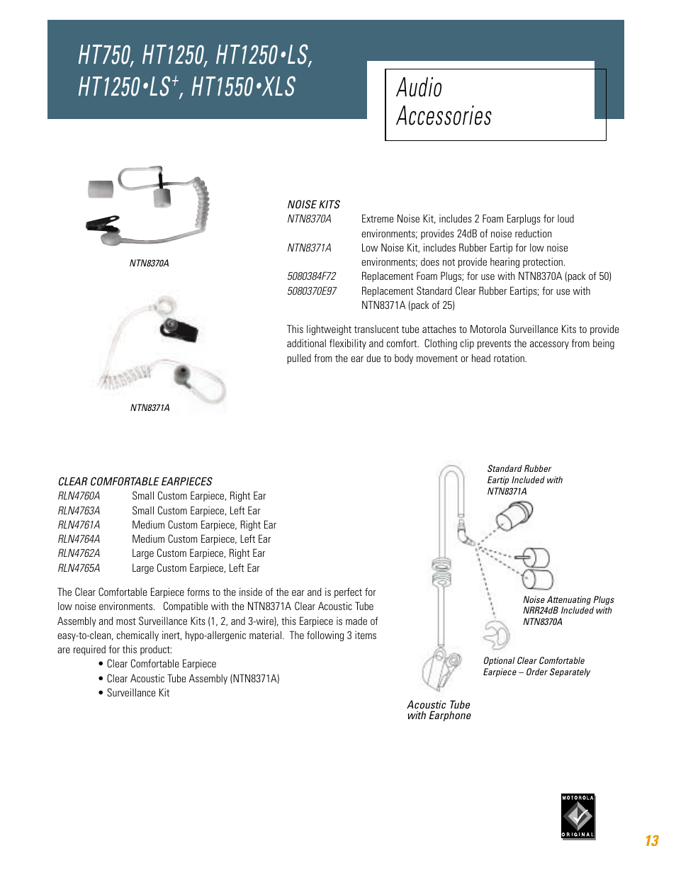 Ls, ht1250, Ht1550, Xls audio accessories | Motorola HT750 User Manual | Page 13 / 30