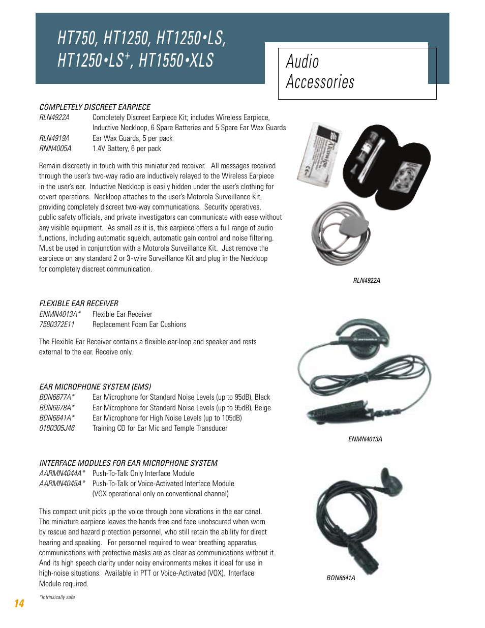 Ls, ht1250, Ht1550, Xls audio accessories | Motorola HT750 User Manual | Page 14 / 30