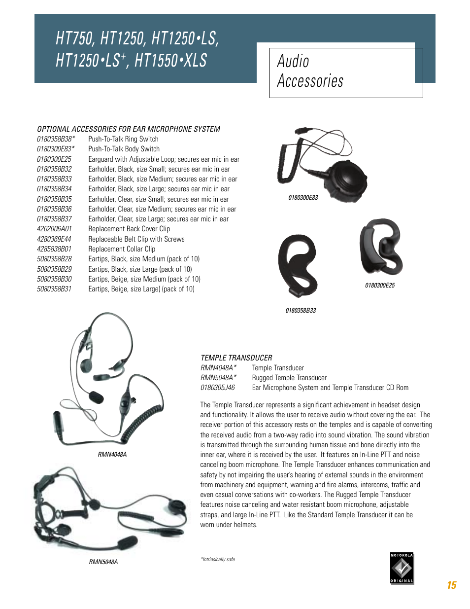 Ls, ht1250, Ht1550, Xls audio accessories | Motorola HT750 User Manual | Page 15 / 30