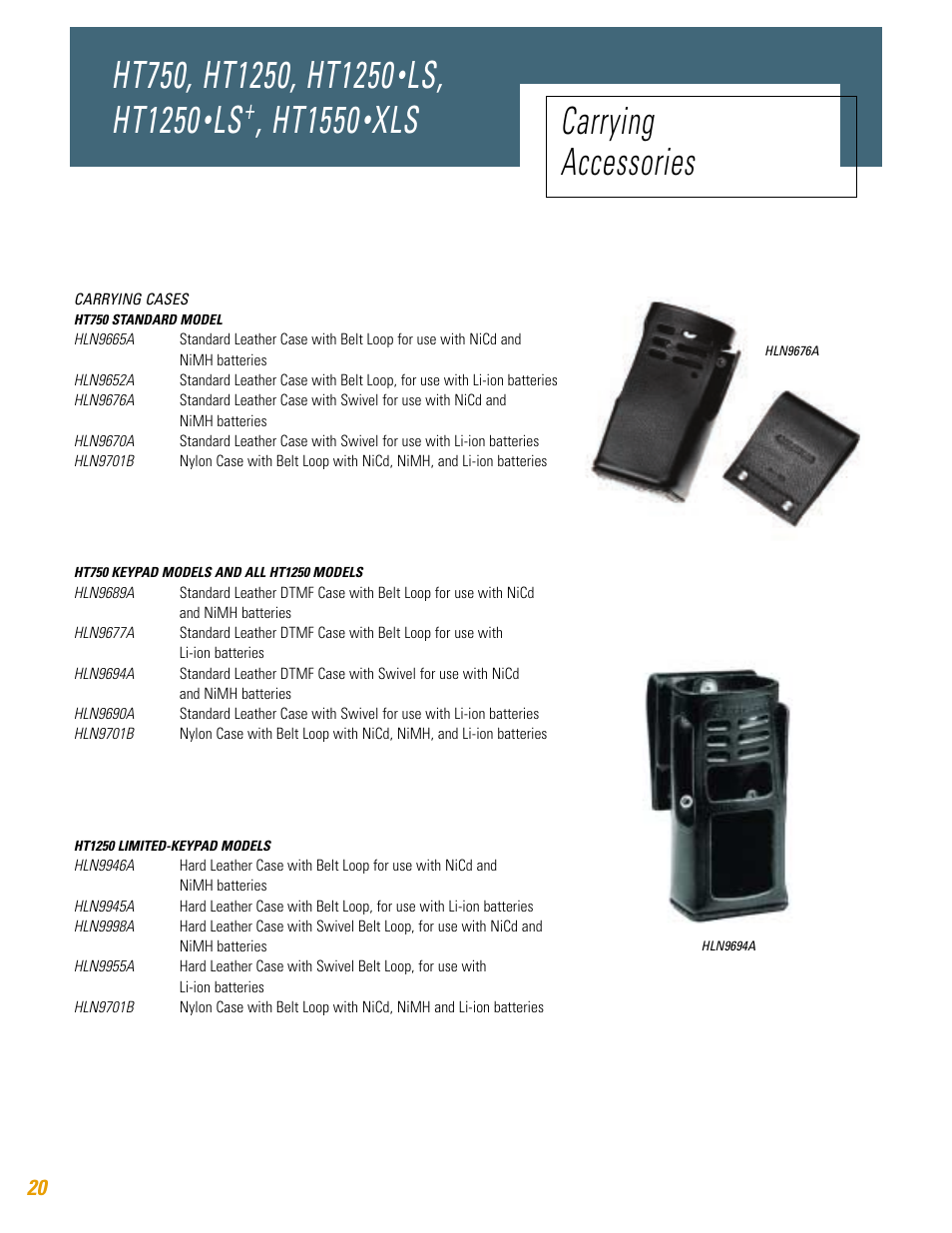 Ls, ht1250, Ht1550, Xls carrying accessories | Motorola HT750 User Manual | Page 20 / 30