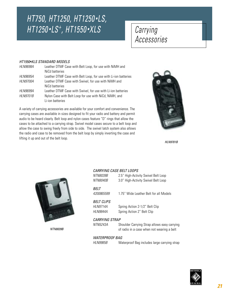 Ls, ht1250, Ht1550, Xls carrying accessories | Motorola HT750 User Manual | Page 21 / 30