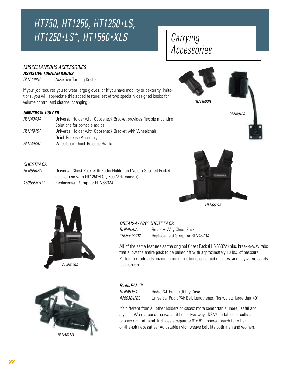 Ls, ht1250, Ht1550, Xls carrying accessories | Motorola HT750 User Manual | Page 22 / 30