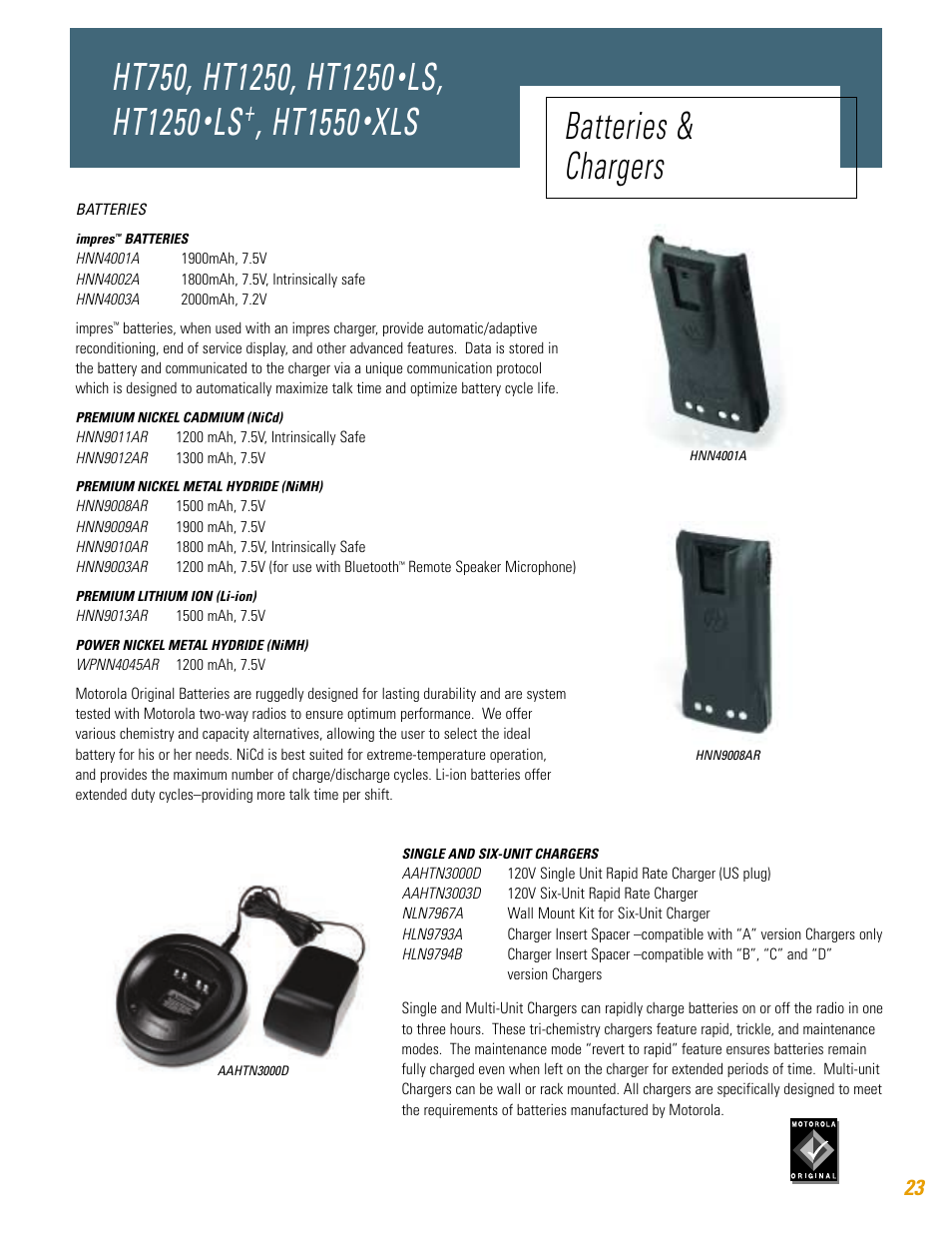 Ls, ht1250, Ht1550, Xls batteries & chargers | Motorola HT750 User Manual | Page 23 / 30