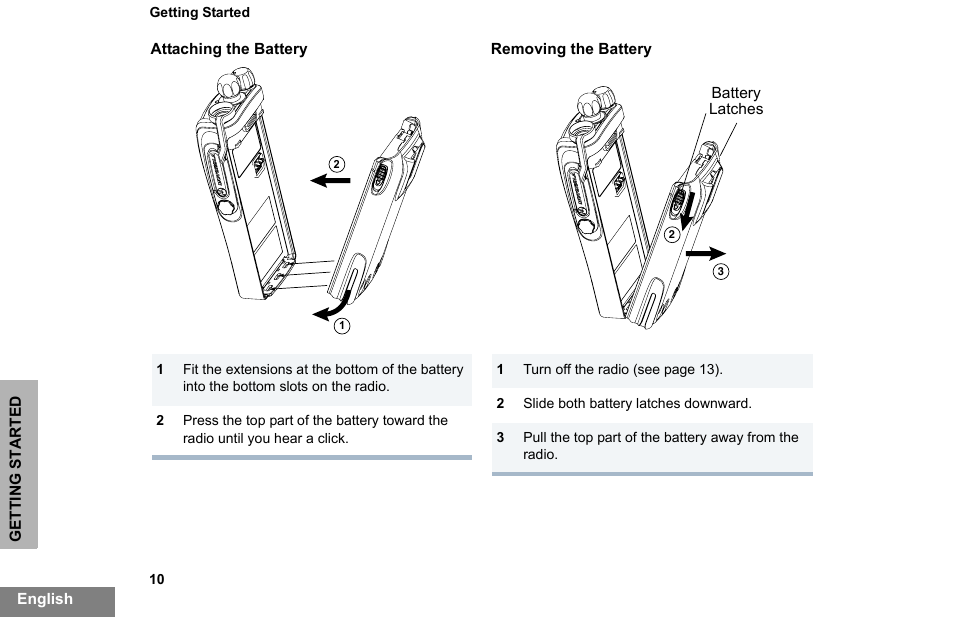 Attaching the battery, Removing the battery, Attaching the battery removing the battery | Motorola PR860 User Manual | Page 12 / 28