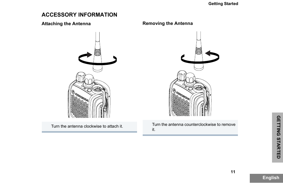 Accessory information, Attaching the antenna, Removing the antenna | Attaching the antenna removing the antenna | Motorola PR860 User Manual | Page 13 / 28