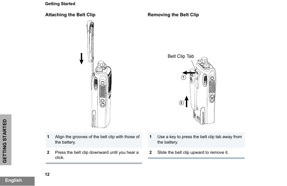 Attaching the belt clip, Removing the belt clip, Attaching the belt clip removing the belt clip | Motorola PR860 User Manual | Page 14 / 28