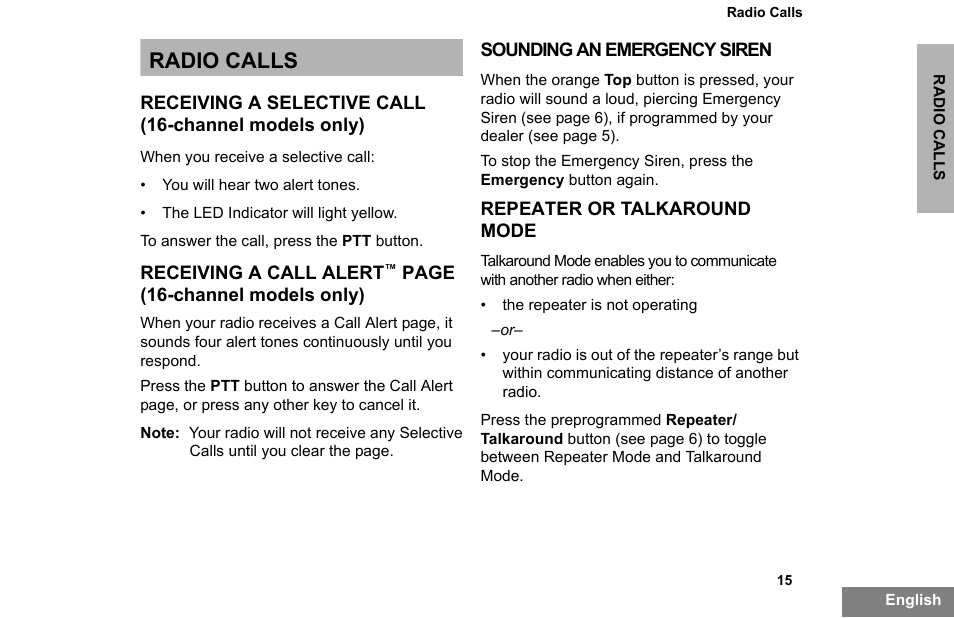 Radio calls, Receiving a selective call, Sounding an emergency siren | Repeater or talkaround mode | Motorola PR860 User Manual | Page 17 / 28