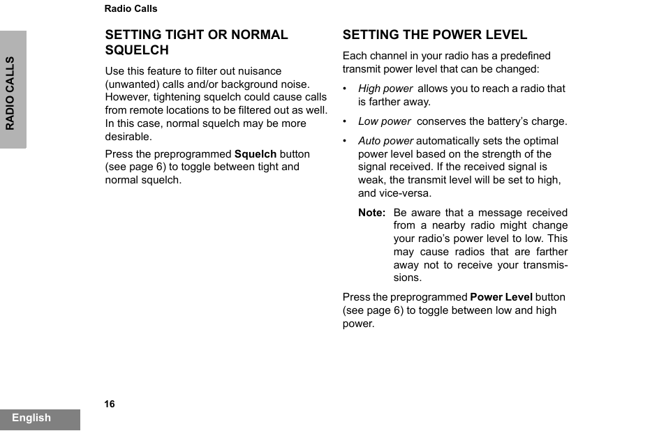 Setting tight or normal squelch, Setting the power level | Motorola PR860 User Manual | Page 18 / 28