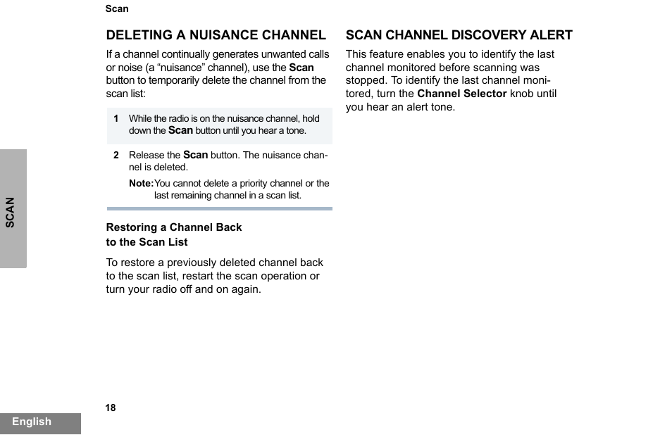 Deleting a nuisance channel, Restoring a channel back to the scan list, Scan channel discovery alert | Motorola PR860 User Manual | Page 20 / 28