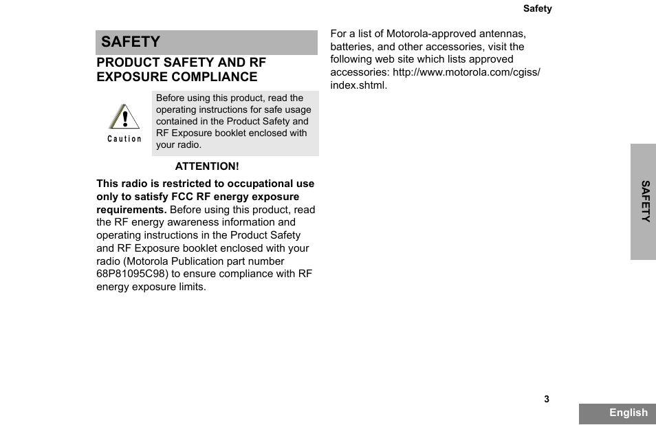 Safety, Product safety and rf exposure compliance, Safety product safety and rf exposure compliance | Motorola PR860 User Manual | Page 5 / 28