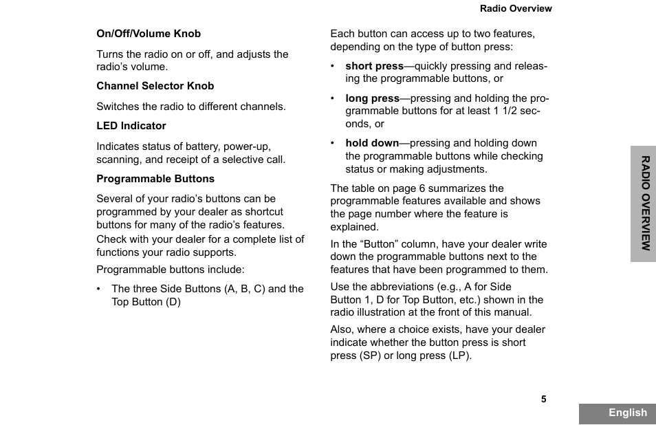 On/off/volume knob, Channel selector knob, Led indicator | Programmable buttons | Motorola PR860 User Manual | Page 7 / 28