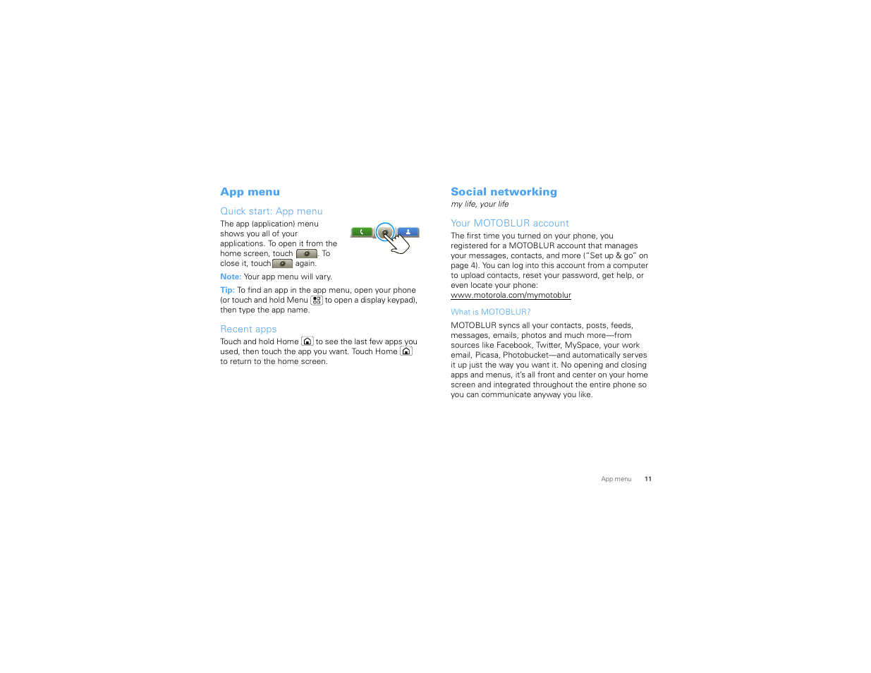 App menu, Quick start: app menu, Recent apps | Social networking, Your motoblur account | Motorola Devour 68000202479-A User Manual | Page 13 / 73