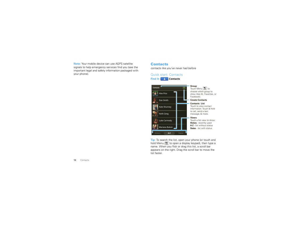 Contacts, Quick start: contacts | Motorola Devour 68000202479-A User Manual | Page 18 / 73