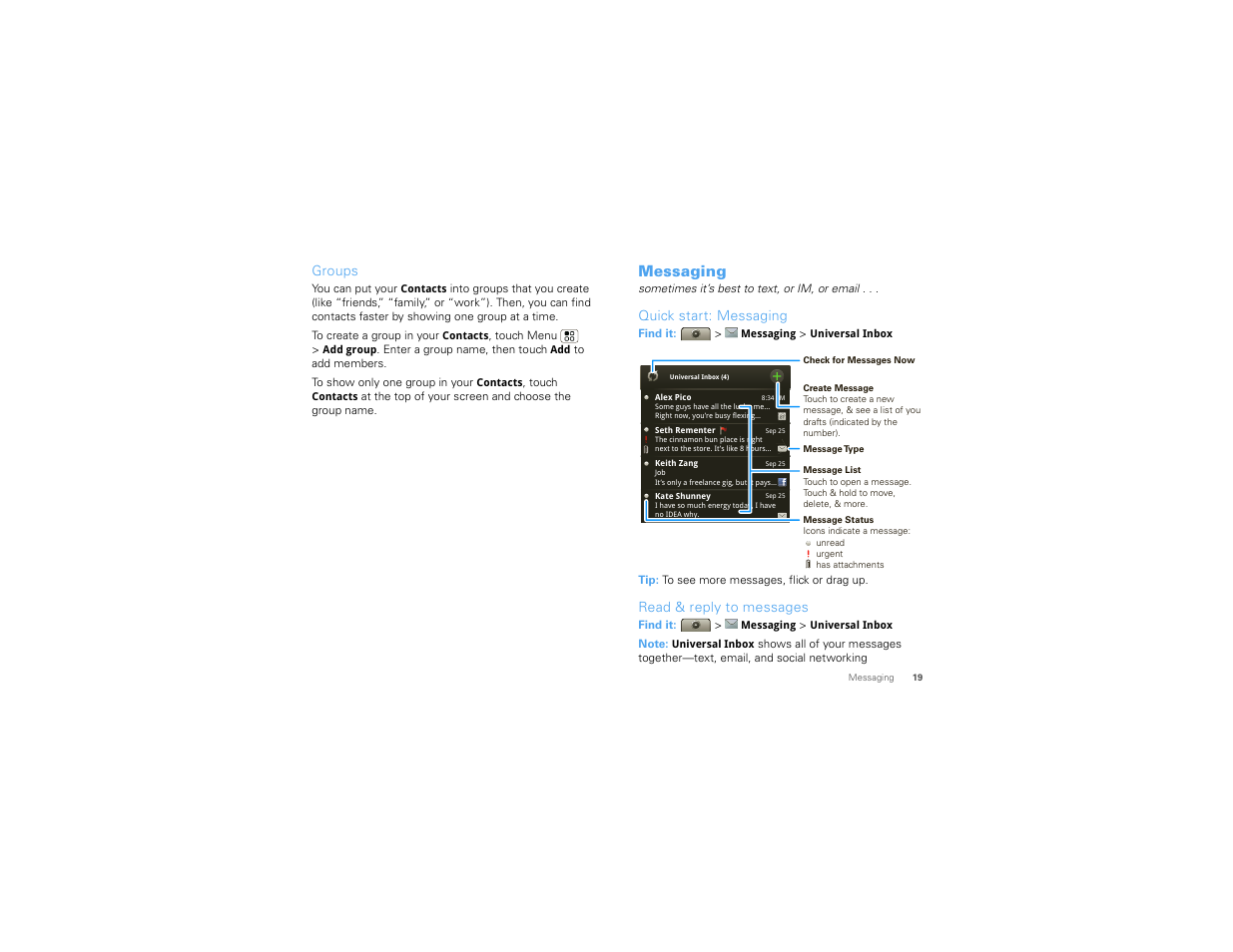 Groups, Messaging, Quick start: messaging | Read & reply to messages | Motorola Devour 68000202479-A User Manual | Page 21 / 73