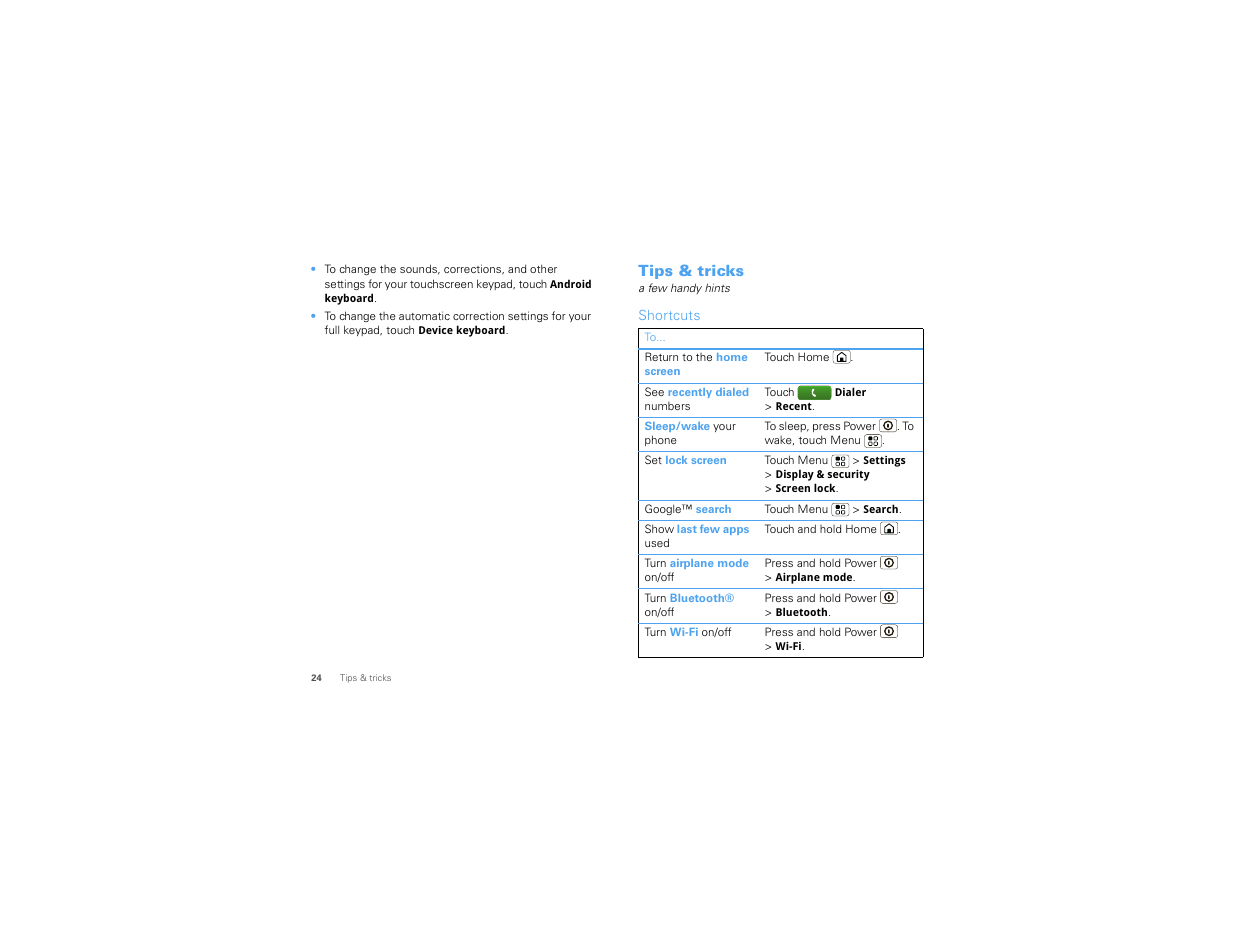 Tips & tricks, Shortcuts | Motorola Devour 68000202479-A User Manual | Page 26 / 73