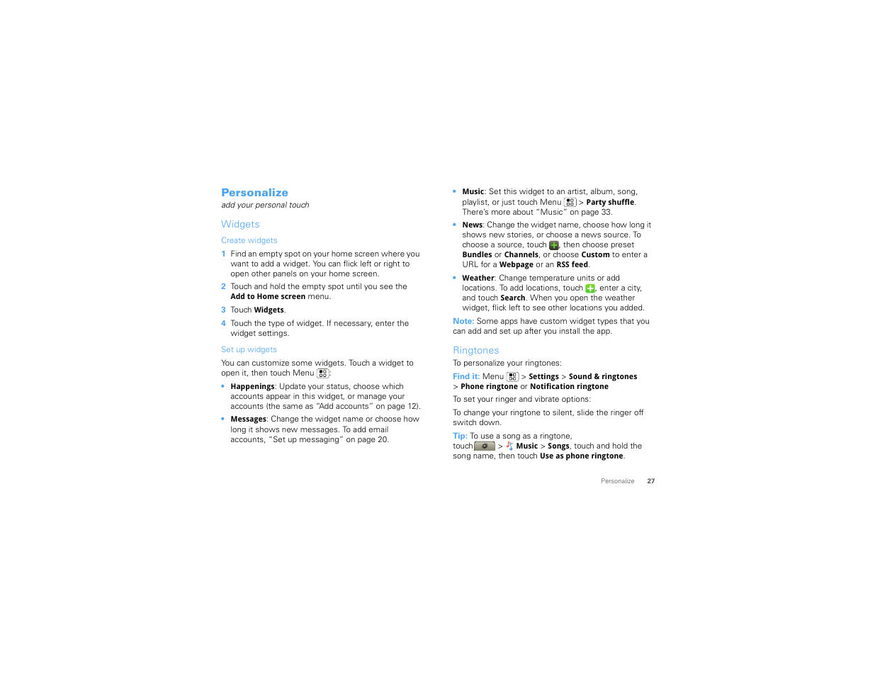 Personalize, Widgets, Ringtones | Motorola Devour 68000202479-A User Manual | Page 29 / 73