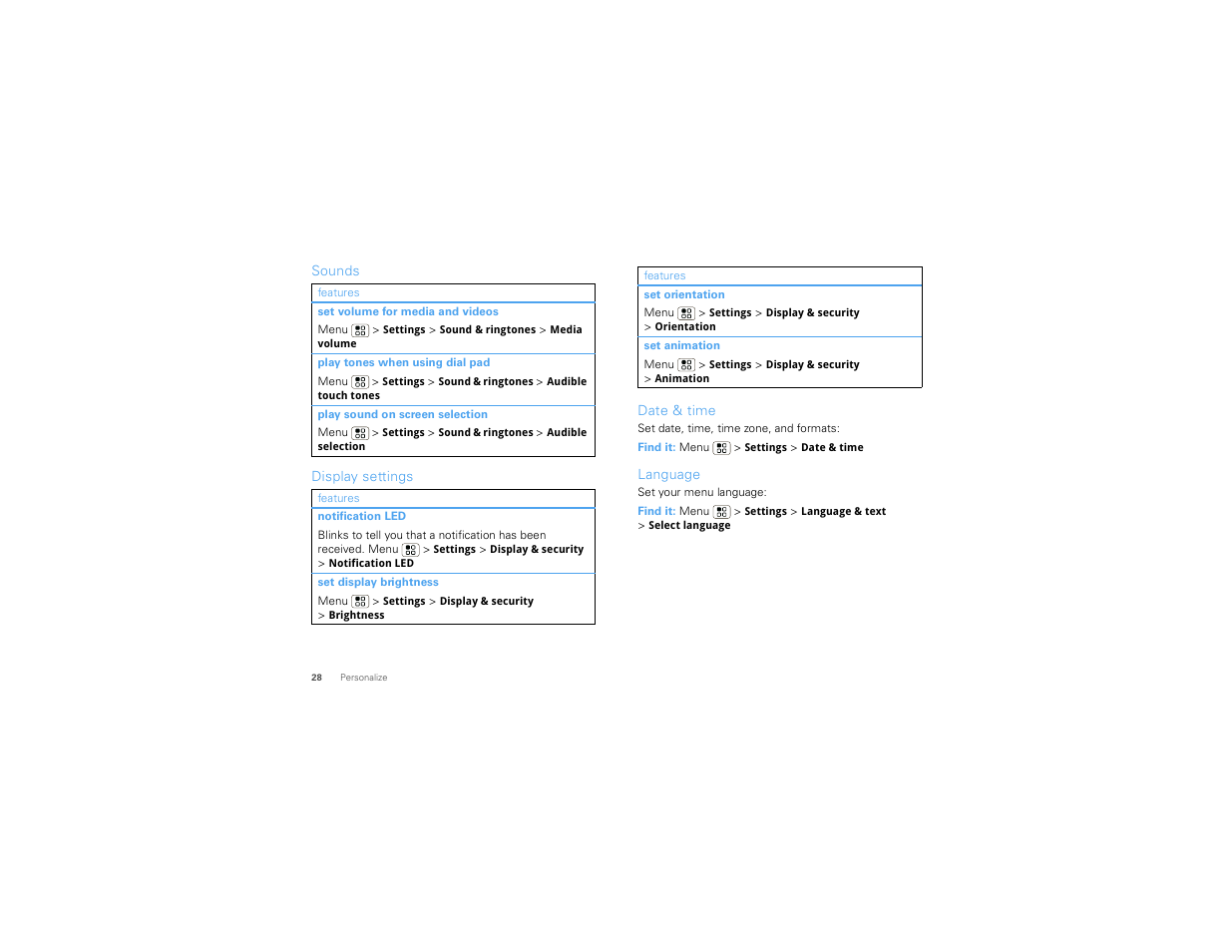 Sounds, Display settings, Date & time | Language | Motorola Devour 68000202479-A User Manual | Page 30 / 73