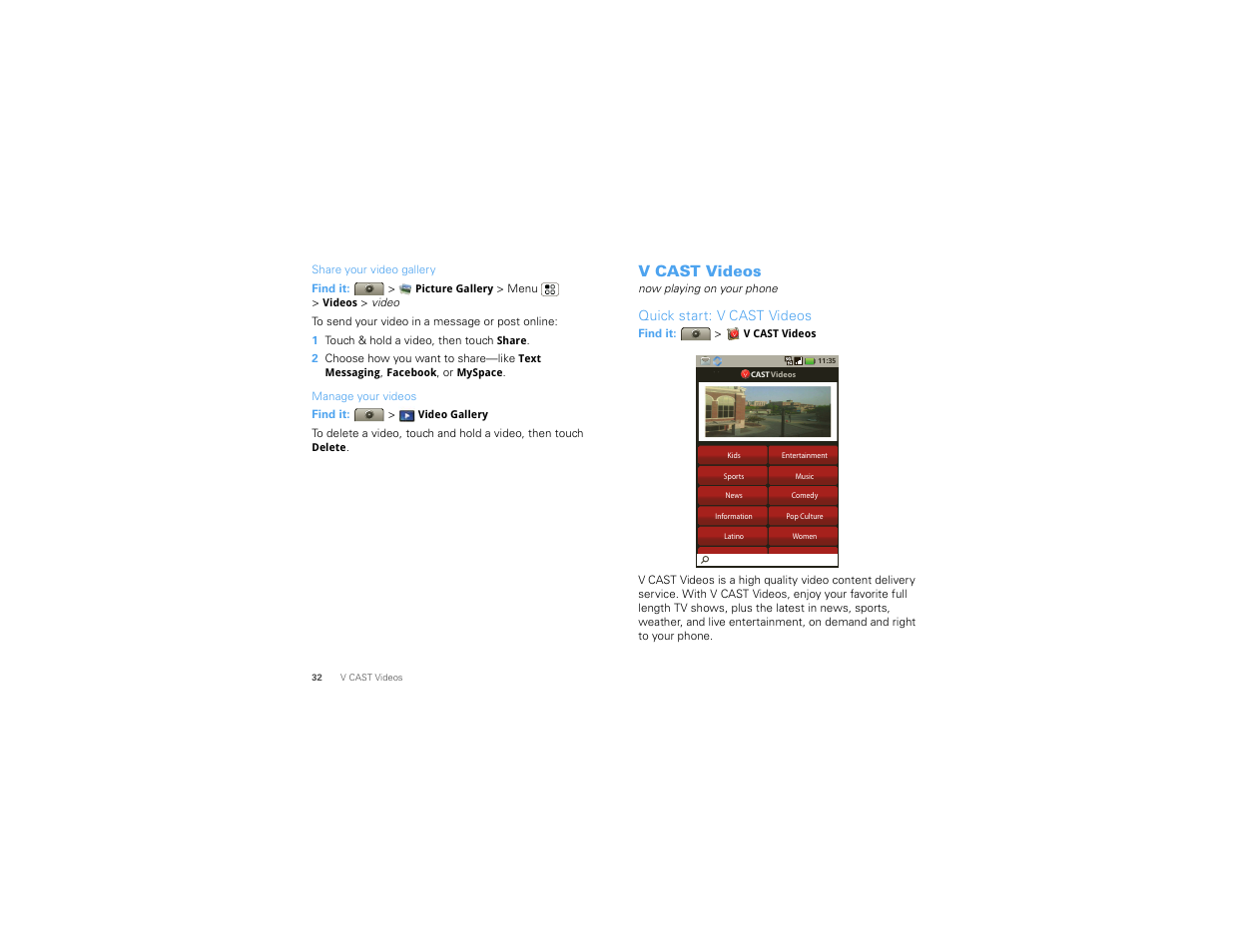 V cast videos, Quick start: v cast videos | Motorola Devour 68000202479-A User Manual | Page 34 / 73